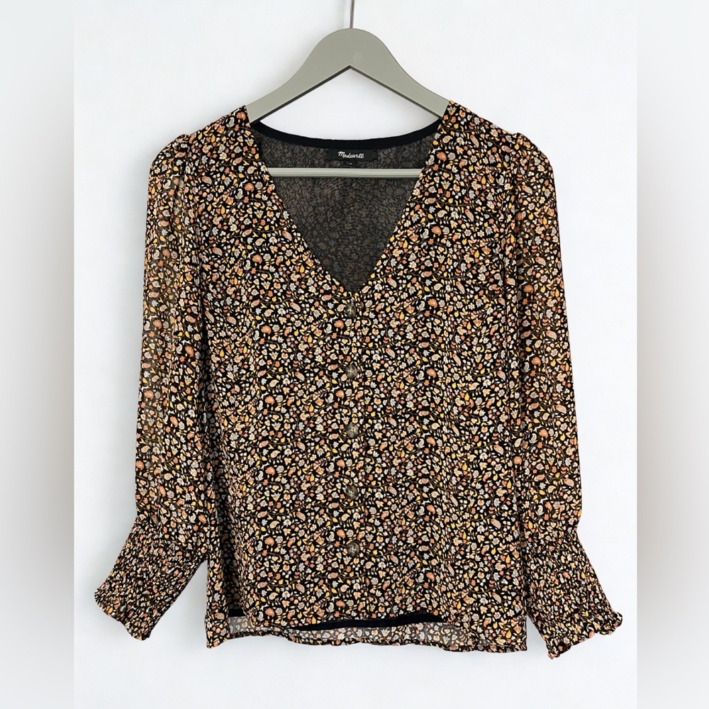 Madewell Georgette Smocked-Cuff Button-Front Shirt Size 2 Floral Ditzy Whimsy
